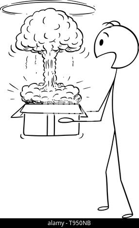 Vector cartoon stick figure dessin illustration conceptuelle de l'homme de l'ouverture du carton, papier ou carton fort et de petites centrales nucléaires ou explosion atomique vient de l'emballage. Illustration de Vecteur