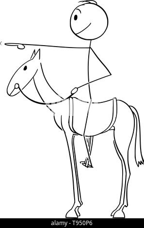 Vector cartoon stick figure dessin illustration conceptuelle de l'homme ou homme d'équitation ou assis à cheval en selle et orientée vers l'avant avec son doigt ou de la main. Illustration de Vecteur