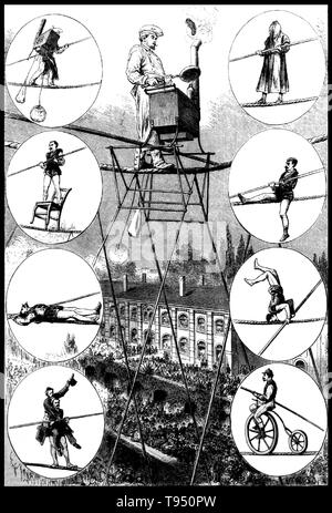 Charles Blondin (né Jean François Gravelet, Février 28, 1824 - février 22, 1897) was a French funambule et acrobate, appelé le 'Chevalier Blondin', ou tout simplement 'Le Grand Blondin'. À l'âge de cinq ans il a été envoyé à l'École de gymnase à Lyon et, après six mois de formation comme un acrobate, fait sa première apparition comme 'le Boy Wonder'. Sa compétence supérieure et la grâce, ainsi que l'originalité de la configuration de ses actes, ont fait de lui un favori populaire. Banque D'Images