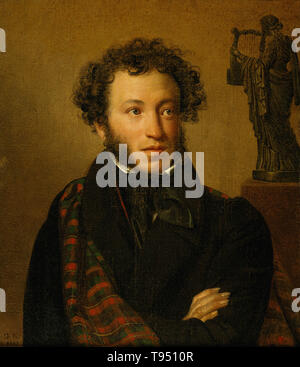 Portrait de Pouchkine par Orest Repin, 1827. Alexandre Sergueïevitch Pouchkine (6 juin 1799 - 10 février 1837) était un poète, dramaturge et romancier, de l'époque romantique, considéré par beaucoup comme le plus grand poète russe et fondateur de la littérature russe moderne. Pouchkine est né dans la noblesse russe à Moscou. Il a publié son premier poème à l'âge de 15 ans, et a été largement reconnue par la création littéraire par l'heure de la fin de ses études à Tsarskoïe Selo le Lyceum. Banque D'Images