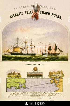 Atlantic telegraph polka : Le Niagara & Agamemnon commençant à poser le câble, 1858. Une lithographie de J.H. Bufford. Partitions pour couvrir montrant les navires Niagara et la pose du câble transatlantique d'Agamemnon, et une carte de la Telegraph entre l'Amérique et l'Europe. L'un des grands du 19e siècle les réalisations technologiques était de jeter un câble télégraphique sous l'Atlantique, ce qui permet d'accélérer les messages entre l'Amérique et l'Europe en quelques minutes, au lieu de dix ou douze jours par vapeur. Banque D'Images