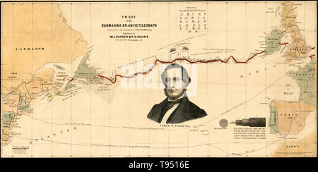 Le graphique de la trajectoire du premier câble télégraphique transatlantique, prévues en 1858. L'un des grands du 19e siècle les réalisations technologiques était de jeter un câble télégraphique sous l'Atlantique, ce qui permet d'accélérer les messages entre l'Amérique et l'Europe en quelques minutes, au lieu de dix ou douze jours par vapeur. Au départ, une tentative réussie en 1858, dirigée par Cyrus W. Domaine (portrait sur la carte) et financé par l'Atlantic Telegraph Company, a échoué au bout de trois semaines. Banque D'Images