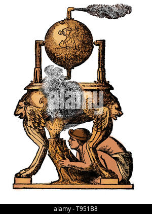 Au premier siècle après un héros grec inventeur connu sous le nom d'Alexandrie a proposé une nouvelle invention qui dépend davantage de l'interaction mécanique de la chaleur et de l'eau. Il a inventé une fusée-comme le dispositif appelé un aeolipile, également connu sous le moteur du héros. Il a utilisé pour la propulsion à vapeur. Hero monté une sphère sur le dessus d'une bouilloire. Un feu en dessous de la bouilloire transformé l'eau en vapeur, et le gaz s'est rendu dans les tuyaux de la sphère. Banque D'Images