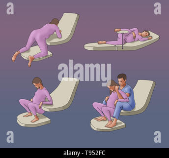 Illustration de quatre différentes positions d'accouchement : 4 pattes, couchée, accroupie, et s'accroupir avec un partenaire. Banque D'Images