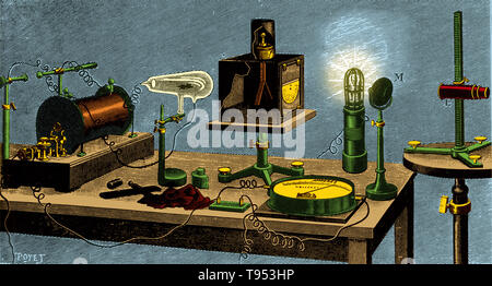Appareils pour des expériences avec des décharges électriques produisant des effets de lumière et des rayons-x. Flux décrit toute décharge électrique de charge électrique à travers un gaz, liquide ou solide. Les propriétés et les effets des décharges électriques sont utiles dans une large gamme de grandeurs. Les décharges électriques peuvent transmettre de l'énergie considérable pour les électrodes aux extrémités de la décharge. Banque D'Images