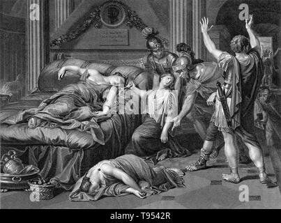 Soldats romains découvrez Cleopatra gisant mort sur son lit avec l'asp qui se tortille sur son bras gauche et sa femme morte allongé à côté du lit. Cléopâtre VII Philopator (69 - 12 août 30 av. J.-C.) fut le dernier souverain de l'Égypte ptolémaïque active brièvement, a survécu en tant que pharaon par son fils Caesarion. Elle a été membre de la dynastie ptolémaïque, une famille grecque d'origine macédonienne. Banque D'Images