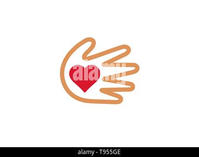 Coeur à l'intérieur de la main pour protéger les plantes pour la conception de logo Illustration de Vecteur