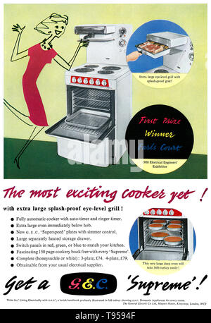 1958 La publicité pour GEC Cour Suprême cuisinière électrique. Banque D'Images