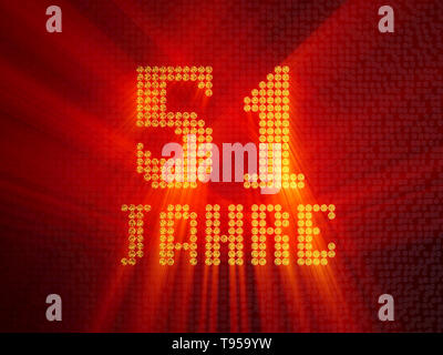 Nombre d'or allemand cinquante-et-un ans (numéro 51 ans) font en pointillés, vue du dessus, avec les rayons lumineux. 3D illustration Banque D'Images