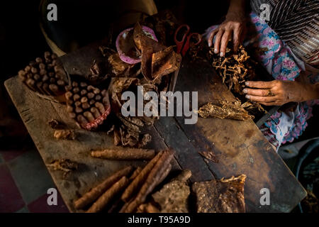 Laura Peña, un 67-ans femme salvadorienne, choisit de faire des feuilles de tabac cigares faits à la main dans sa maison de Suchitoto, El Salvador. Banque D'Images