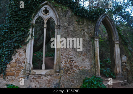 Quinta das Lagrimas portail gothique et fenêtre à Coimbra, Portugal Banque D'Images