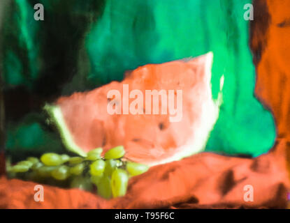 Aquarelle Nature morte avec une tranche de pastèque rouge et un tas de raisins verts, été concept. Banque D'Images