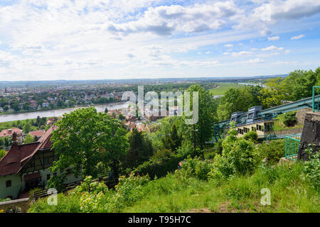 Dresde : Suspension de fer, afin d'Elbe, pont Blaues Wunder (Loschwitz pont) et Blasewitz dans Loschwitz, Saxe, Saxe, Allemagne Banque D'Images