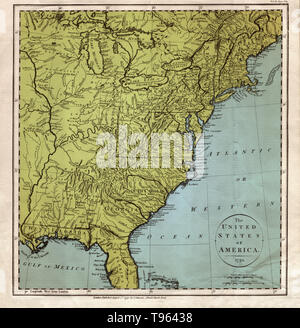 Une carte des États-Unis d'Amérique, 1791, avec l'océan Atlantique ou de l'Ouest 'étiquette', ainsi que 'l'ouest de la Floride." créés par J. Johnson, Saint Paul's Church Yard. Cette image a été améliorée couleur. Banque D'Images