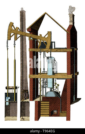 Gravure d'un moteur à vapeur Newcomen, ch. 1747. L'oeuvre historique de la machine à vapeur breveté par Thomas Newcomen (1663-1729) en 1705. Le moteur atmosphérique Newcomen était la première à avoir un "Walking Beam" bras pivoté (top) de transfert de pouvoir entre le piston et la tige. Il a été utilisé pour pomper de l'eau de mines de charbon. Le piston a été tirée vers le bas par la pression d'un vide partiel dans le cylindre, provoquant la tige pour être tirée vers le haut. Comme la vapeur condensée dans le cylindre le piston a été forcé, et que la tige vers le bas forcé. C'est la première véritable machine à vapeur. Banque D'Images