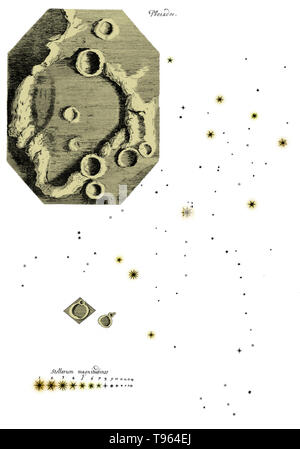 Renforcement de couleur les dessins de la Lune et les Pléiades de Micrographia de Hooke. Robert Hooke (1635-1703) était un scientifique britannique qui a fait de nombreuses découvertes dans des domaines aussi divers que l'astronomie et de microbiologie. Son nom est connu dans loi de Hooke, qui porte la charge sur un ressort pour son extension. Il a utilisé un microscope composé d'observer un grand nombre de spécimens, puis a publié les résultats de ses observations dans la Micrographia remarquablement détaillée en 1665. Banque D'Images