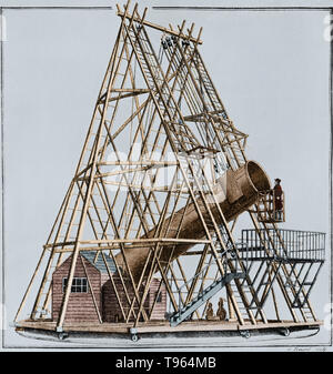 William Herschel telescope 40 pieds, aussi connu comme le grand télescope de 40 pieds, était un télescope construit entre 1785 et 1789 de l'Observatoire à Slough, en Angleterre. Il s'est servi d'un 47 pouces de diamètre avec un miroir primaire de 1 200 cm de longueur focale. C'était le plus grand télescope au monde depuis 50 ans. Il a peut-être été utilisée pour découvrir Encelade et Mimas, la 6ème et 7ème lunes de Saturne. Il a été démantelé en 1840 ; aujourd'hui, le miroir d'origine et une section de 10 pieds le tube demeurent. Banque D'Images