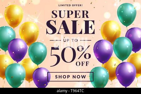 Vente bannière avec des ballons colorés. Modèle de scénario pour la publicité web de super promotions. Illustration de Vecteur