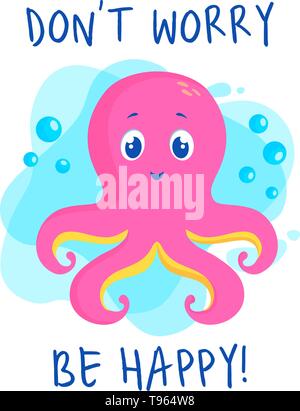 Illustration avec cute pink octopus et le slogan - Voyagez heureux ! Impression de carte de vecteur, poster, d'usure ou d'autres enfants. Illustration de Vecteur