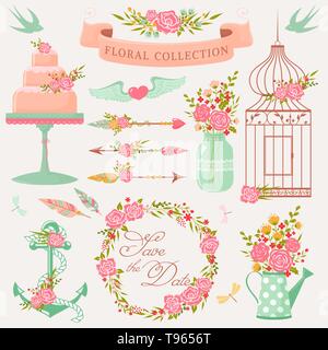 Collection floral romantique. Éléments de conception vectorielle mignon avec des fleurs. De jolies décorations isolé sur fond blanc. Illustration de Vecteur