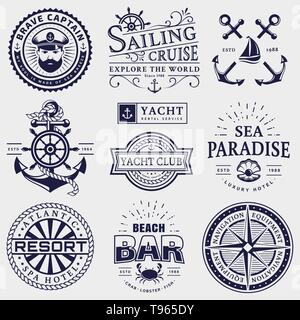 Mer et typographie nautique Set de badges. Les modèles vectoriels pour la voile croisière, yachting, hôtel de villégiature, la navigation et d'autres thèmes. Illustration de Vecteur