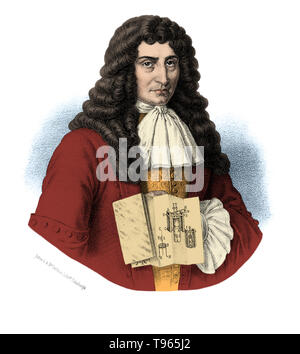 Lithographie couleur de Papin amélioré tenant un diagramme d'un moteur à vapeur, 1689. Denis Papin (22 août 1647 - 1712) était un physicien, mathématicien et inventeur. Il a travaillé avec Robert Boyle à partir de 1676-79, la publication d'un compte de son travail dans la poursuite de nouvelles expériences (1680). Au cours de cette période, Papin a inventé l'autoclave à vapeur, un type d'autocuiseur d'une soupape de sécurité. Banque D'Images
