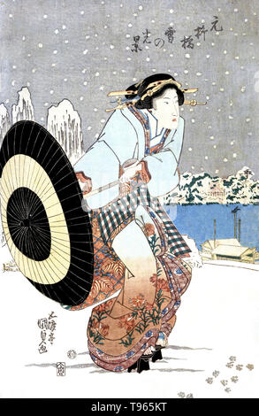 Moto-yanagibashi yuki no kokei. Nuit neige scène Motonoyanagi au pont. Femme d'ouvrir un parasol tout en marchant dans la neige la nuit près du pont. Motonoyanagi L'Ukiyo-e (photo du monde flottant) est un genre d'art japonais qui a prospéré à partir du xviie au xixe siècles. L'Ukiyo-e a été au centre de formation de la perception de l'Occident de l'art japonais à la fin du xixe siècle. Utagawa Kunisada, vers 1818-30. Banque D'Images