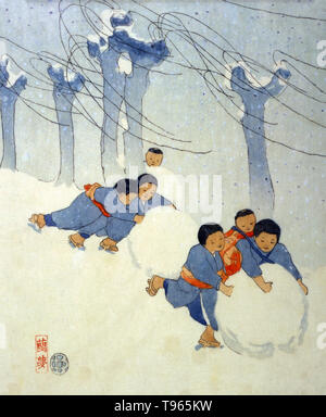 Les enfants japonais rolling grandes boules de neige. L'Ukiyo-e (photo du monde flottant) est un genre d'art japonais qui a prospéré à partir du xviie au xixe siècles. L'Ukiyo-e a été au centre de formation de la perception de l'Occident de l'art japonais à la fin du xixe siècle. Le genre du paysage en est venue à dominer les perceptions occidentales de l'ukiyo-e, bien que l'ukiyo-e a eu une longue histoire de l'ère précédant la fin de ces maîtres. Banque D'Images