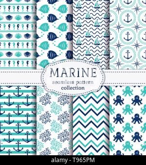 Ensemble de milieux marins et marines en bleu marine, turquoise et blanc. Thème de la mer. Les modèles sans couture mignon collection. Vector illustration. Illustration de Vecteur