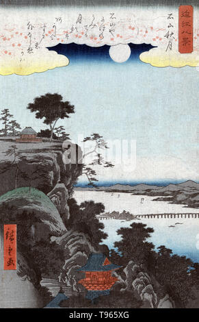 Pas shugestu Ishiyama. Lune d'automne à l'Ishiyama. Vue d'ensemble du temple bouddhiste à l'Ishiyama-dera, et d'un bâtiment sur un bluff, aussi un pont sur la rivière Seta, et les montagnes au loin, sous une pleine lune. Depuis les temps anciens, les Japonais ont envisagé la combinaison de neige, des fleurs, de la lune, et les beautés de la nature. Et non seulement ils ont envisagé de telles scènes, ils ont également accru leur thèmes favorisés pour peintures et poésie. Banque D'Images