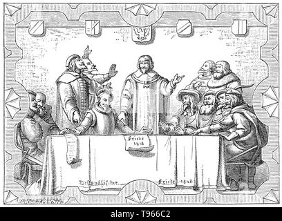 La paix de Westphalie a été une série de traités de paix signés entre mai et octobre 1648 se terminant l'guerres de religion. Ces traités a mis fin à la guerre de Trente Ans (1618-48) dans l'Empire entre les Habsbourg et leurs alliés catholiques d'un côté, et les puissances protestantes (Suède, Danemark, néerlandais, et les principautés du Saint Empire romain) et catholique (France) leur Anti-Habsburg alliés de l'autre. Banque D'Images