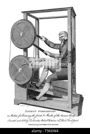 L'Gymnasticon a été l'un des machine d'exercice qui ressemble à une bicyclette stationnaire, inventé en 1796 par Francis Lowndes. Dans son brevet, Lowndes décrit la machine que visent simplement à donner et appliquer la motion et de l'exercice, volontaire ou involontaire, dans les membres, les articulations, et les muscles du corps humain. L'Gymnasticon dépendait d'une série de volants qui reliait les pédales en bois pour les pieds pour se lance pour les mains, ce qui pourrait conduire les uns les autres ou fonctionnent de façon indépendante. Banque D'Images