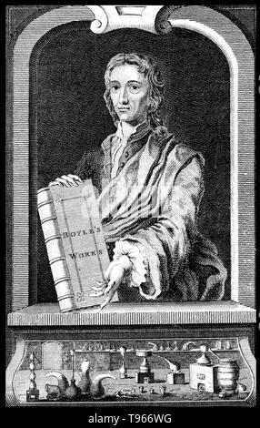 Robert Boyle (25 janvier 1627 - 31 décembre 1691) était un philosophe naturel, chimiste, physicien et inventeur. Il est considéré aujourd'hui comme le premier chimiste moderne, et l'un des pionniers de la méthode scientifique expérimentale moderne. Parmi ses œuvres, les Sceptiques Chymist, publié en 1661, est considéré comme une pierre angulaire d'adresses dans le domaine de la chimie. Il a été un fervent et pieux de l'Église anglicane et est connu pour ses écrits en théologie. Il est mort en 1691 à l'âge de 64 ans. Gravure de B. Cole, 1753. Banque D'Images