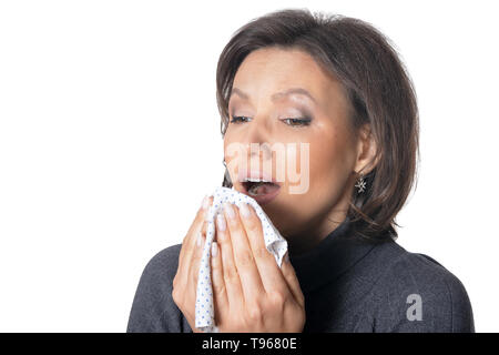 Portrait de jeune femme se sent malade sur fond blanc Banque D'Images