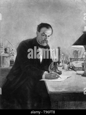 Louis Pasteur dans son laboratoire. Louis Pasteur (1822 -1895) était un chimiste français, et qui a fondé le bactériologiste La science de la microbiologie. Pasteur découvrit que la maladie peut être causée par une bactérie transmise de personne à personne (la théorie des germes de maladies). Il a également mis au point des vaccins contre la rage et de l'anthrax. Pasteur a également constaté que le chauffage des aliments et boissons à la légère pouvait les préserver de la dégradation. Ce processus de pasteurisation est maintenant largement utilisé dans l'industrie alimentaire. Illustration par E. L. Banque D'Images