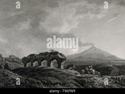 Une éruption le 18 juillet 1787 à partir de la cratère central produit lapilli et cendres sur le flanc sud-est. Ash est tombé sur l'île de Malte. L'Etna est un stratovolcan actif sur la côte est de la Sicile, en Italie. L'Etna est un des volcans les plus actifs dans le monde et est dans un état presque constant de l'activité. Les sols volcaniques fertiles soutenir l'agriculture extensive, de vignobles et de vergers répartis sur les pentes inférieures de la montagne et la vaste plaine de Catane au sud. Gravure de W. Byrne et T. Medland, 1788, d'après J. Smith. Banque D'Images