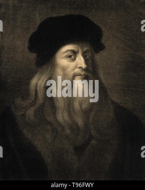 Leonardo di ser Piero da Vinci (15 avril 1452 - 2 mai 1519) était un mathématicien italien de la Renaissance : peintre, sculpteur, architecte, musicien, mathématicien, ingénieur, inventeur, anatomiste et géologue, cartographe, botaniste et écrivain. Son génie, peut-être plus que celui de toute autre figure, incarné l'idéal humaniste de la Renaissance, souvent décrit comme l'archétype de la Renaissance Man. Mezzotinte par C. Townley, 1777, après avoir lui-même. Banque D'Images