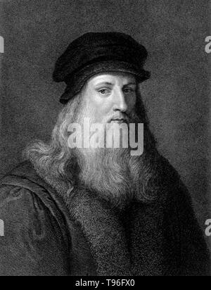 Leonardo di ser Piero da Vinci (15 avril 1452 - 2 mai 1519) était un mathématicien italien de la Renaissance : peintre, sculpteur, architecte, musicien, mathématicien, ingénieur, inventeur, anatomiste et géologue, cartographe, botaniste et écrivain. Son génie, peut-être plus que celui de toute autre figure, incarné l'idéal humaniste de la Renaissance, souvent décrit comme l'archétype de l'homme de la Renaissance. Gravure de la ligne C. Warren, 1824. Banque D'Images