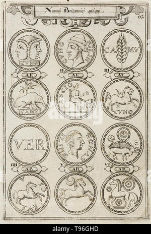 Illustration des pièces des bretons du début du livre imprimé intitulé La Grande-Bretagne, un chorographical ou description des royaumes les plus florissantes, en Angleterre, d'Écosse et d'Irlande, et les terrains limitrophes, des profondeurs de l'antiquité ont embelli avec cartes des plusieurs Shires d'Angleterre écrit par William Camden. William Camden (2 mai 1551 - 9 novembre 1623) était un historien et antiquaire, topographe. Banque D'Images