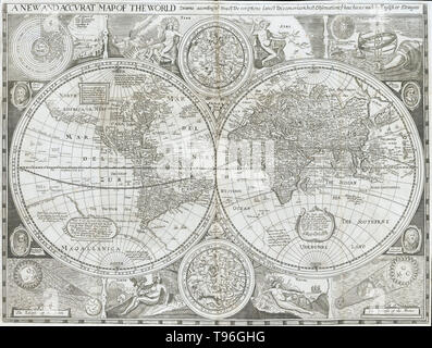 Carte du monde du début du livre imprimé intitulé La Grande-Bretagne, un chorographical ou description des royaumes les plus florissantes, en Angleterre, d'Écosse et d'Irlande, et les terrains limitrophes, des profondeurs de l'antiquité ont embelli avec cartes des plusieurs Shires d'Angleterre écrit par William Camden. William Camden (2 mai 1551 - 9 novembre 1623) était un historien et antiquaire, topographe. Banque D'Images