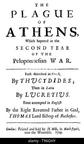 La peste d'Athènes était une épidémie qui a ravagé la ville-état d'Athènes dans la Grèce antique au cours de la deuxième année de la guerre du Péloponnèse (430 BC) lorsqu'une victoire athénienne semblait toujours à portée de main. Il est soupçonné d'avoir saisi par le biais d'Athènes Le Pirée, le port de la ville et l'unique source de nourriture et de fournitures. Thucydide déclare que les personnes craignant la loi a cessé depuis qu'ils se sentaient déjà vivant sous une sentence de mort. De même, les gens ont commencé à dépenser de l'argent sans discernement. Banque D'Images