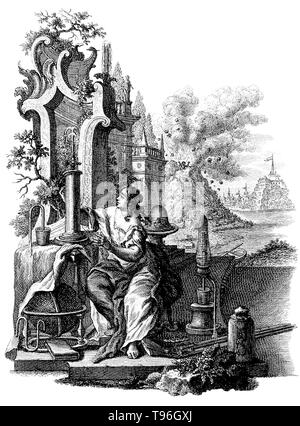 Des chiffres représentant l'enquête de la nature ; en arrière-plan, Pline l'ancien étant tué au cours de son éruption du Vésuve. Gaius Plinius Secundus (AD 23 - AD 79), mieux connu sous le nom de Pline l'ancien, était un auteur romain, naturaliste, philosophe et naturelles, ainsi que le commandant de l'armée et la marine des débuts de l'Empire romain, et ami personnel de l'empereur Vespasien. Il a écrit un travail encyclopédique, Naturalis Historia, qui est devenu un modèle pour tous les autres encyclopédies. Banque D'Images