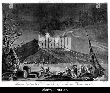 Le Vésuve au repos par nuit, 1757, avec la baie de Naples et les pêcheurs. Le Vésuve est un volcan dans le golfe de Naples, Italie, mieux connu pour son éruption en 79 après qui ont conduit à l'enfouissement et la destruction de la villes romaines de Pompéi et Herculanum. Depuis, le Vésuve a éclaté autour de trois douzaines de fois. Le volcan au repos est devenu à la fin du 13ème siècle et dans les années suivantes, il est devenu à nouveau couvert de jardins et de vignobles comme de vieux. Banque D'Images