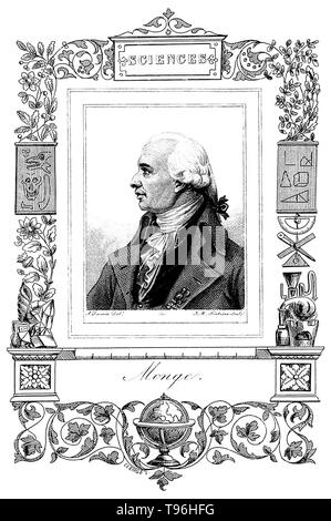 Gaspard Monge, Comte de Péluse (9 mai 1746 - 28 juillet 1818) était un mathématicien français et l'inventeur de la géométrie descriptive. Après une année à l'École Royale, il a été invité à produire un plan d'une fortification de façon à optimiser son dispositif défensif. Il y a eu une méthode établie pour le faire, mais il a conçu une façon de résoudre les problèmes à l'aide de dessins. La valeur du travail a été reconnu, et ses aptitudes exceptionnelles ont été reconnus. Banque D'Images