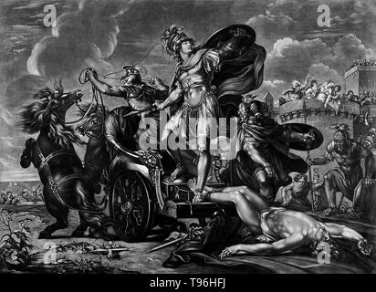 En faisant glisser le corps d'Achille d'Hector autour de Troie. Dans la mythologie grecque, Achille était un héros grec de la guerre de Troie, le personnage central et le plus grand guerrier de l'Iliade. Que l'état a été légendes Achille invulnérable dans tous ses corps, sauf sur le talon. Il est mort à cause d'une petite blessure sur son talon, d'où le terme d'achille est venu à signifier la principale faiblesse. Hector était un prince troyen et le plus grand combattant pour Troie. Banque D'Images