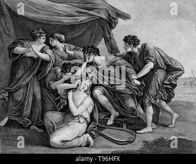 Achilles pleure la mort de Patrocle. Dans la mythologie grecque, Achille était un héros grec de la guerre de Troie, le personnage central et le plus grand guerrier de l'Iliade. Que l'état a été légendes Achille invulnérable dans tous ses corps, sauf sur le talon. Il est mort à cause d'une petite blessure sur son talon, d'où le terme d'achille est venu à signifier la principale faiblesse. Banque D'Images