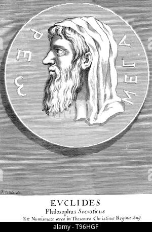 Euclid (sens, bonne gloire, 300 avant J.-C.) était un mathématicien grec, souvent appelé le ''père de la géométrie''. On sait peu de choses sur sa vie. La date et le lieu de naissance d'Euclide et la date et les circonstances de sa mort sont inconnus. Pas de ressemblance ou la description de l'apparence physique d'Euclid faites pendant sa vie a survécu à l'antiquité. Par conséquent, l'inscription d'Euclide sur les œuvres d'art est le produit de l'imaginaire de l'artiste. Banque D'Images