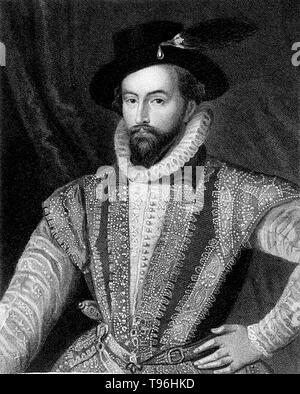 Walter Raleigh (1554 - octobre 29,1618) était un aristocrate anglais, écrivain, poète, soldat, courtisan, spy, et explorer. Il est plus connu pour la popularisation de tabac en Angleterre. En 1584 son plan de colonisation en Amérique du Nord ont échoué à l'île de Roanoke, mais a ouvert la voie pour les colonies. Banque D'Images