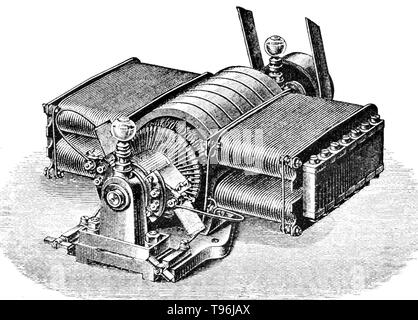 Un type de l'auto de Siemens (1873) dynamo passionnant avec drum-blessure induit et le bar le collecteur. Une dynamo est un générateur électrique qui crée le courant direct à l'aide d'un collecteur. Dynamos furent les premiers générateurs électriques capables de fournir la puissance pour l'industrie, et la fondation sur laquelle beaucoup d'autres plus tard les appareils de conversion d'énergie électrique ont été fondées, y compris le moteur électrique, le courant alternatif, l'alternateur et le convertisseur rotatif. Banque D'Images