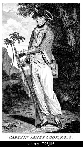 Le capitaine James Cook (7 novembre 1728 - 14 février 1779) était un explorateur anglais, navigateur et cartographe dans la Marine royale. Il cartographie des terres des néo-zélandais à Hawaï dans l'océan Pacifique plus en détail et d'une ampleur jamais atteinte auparavant. Il a arpenté et entités nommées, et enregistré des îles et littoraux de cartes européennes pour la première fois. Banque D'Images
